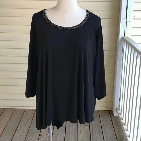 Cato Blouse Plus Size 26W 28W Black Beaded Neckline Asymmetrical Hem Top Flowy - Picture 1 of 7